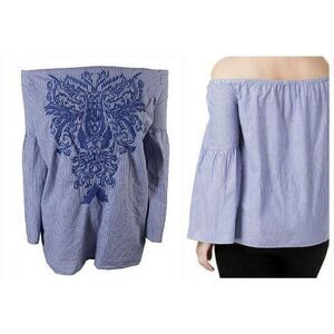 INC International Concepts Sweet Meadow Striped Embroidered Casual Top Sz 1X Blu